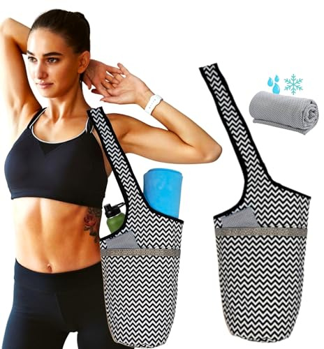 SusggO Pack Borsa per tappetino da yoga e asciugamano rinfrescante Borsa per tappetino da yoga Asciugamano da palestra Asciugamano in microfibra. Borsa per tappetino yoga Pilates Fitness (ZigZag)