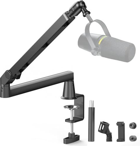 Aisryntek Microphone Boom Arm, Low Profile Mic Arm with 360° Rotation, Cable Management, Extended Riser, Mic Clip, Microphone Stand for Blue Yeti HyperX QuadCast Shure Elago