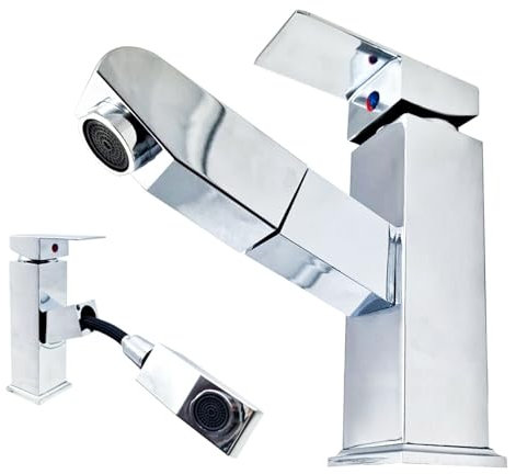 MAKA Miscelatore Rubinetto Bagno Lavabo Doccetta Estraibile con Flessibili Acqua Calda Fredda 16x5x16 cm Monocomando Cromato con Struttura Interna in Ottone Lavello Facile Installazione