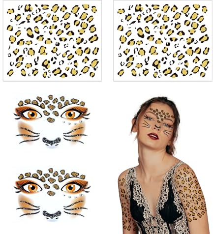 XNIVUIS 4 Pieces Leopard Face Art and Tattoo Stickers, Temporary Tattoos, Glitter Face Stickers for Festival, Party, and Stage