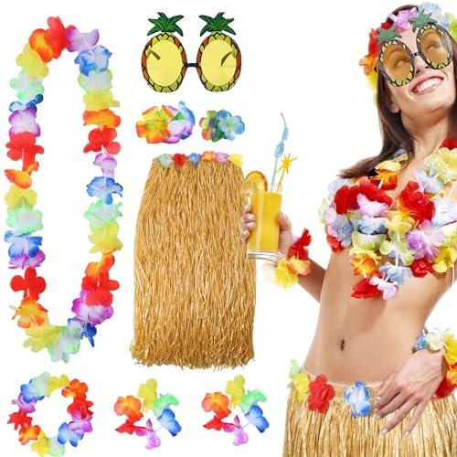 QIUMING 8 Pièces Jupe en Herbe Hawaïenne Hawaii Hula avec pince à cheveux Lunettes Ananas Bracelets Guirlandes Colliers de Fleurs pour Performance de Danse, décorations de fête (Couleur Paille)