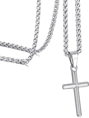 Kette Herren, Halskette mit Kreuz Anhänger für Herren, Silber Edelstahl Kreuzkette für Herren Damen, Cross Geschenk für Herren(Silber,Weizenkette,60cm)