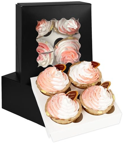 Gcardist Automatischer Popup 4 Cupcake-Boxen mit Fenster Schwarz 12 Stück Cupcake-Boxen 16x16x7,6cm Bäckerei-Boxen für Cupcake-Träger, Cupcake-Behälter (6.3x6.3x3 inch)
