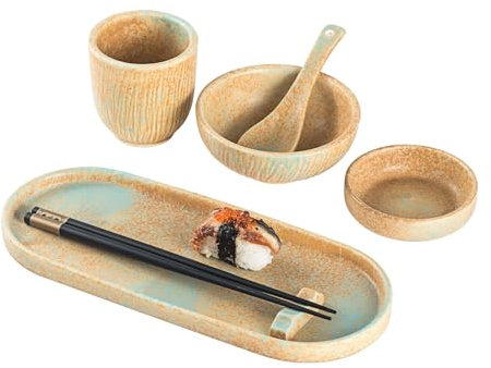 Service de vaisselle à sushi pour personnes - Set de service à sushi avec assiette à sushi, bols à sauce, cuillères et baguettes, vaisselle japonaise pour soupe miso, sushi et riz