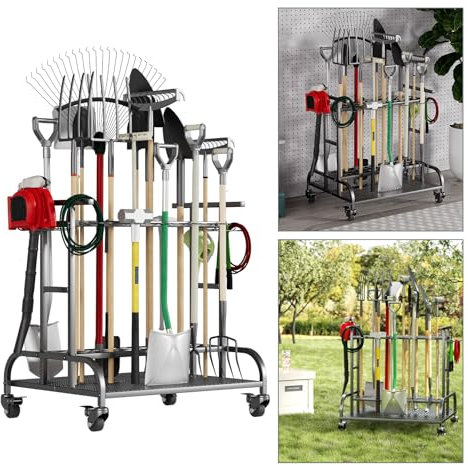 Baoz Garden Tool Organizer,Garden Tool Storage Rack with Wheels 10 G-Shaped Hooks Heavy Duty Steel Yard Tool Storage Garden Tool Stand for Garage Shed Outdoor Yard