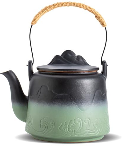 ZENS Japanische Teekanne im Vintage-Stil, geprägte Keramik, lose Blätter, Teekanne mit integriertem Sieb für heißen Tee, Hanfseilgriff, japanischer Tee-Brauer für Teeliebhaber, Geschenke