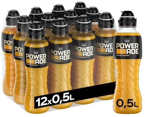 Powerade Golden Mango, Sportdrink, Elektrolyte, Einweg Flasche, 12 x 500 ml | Kalorienarmes Sportgetränk mit Mango-Geschmack und Elektrolyten