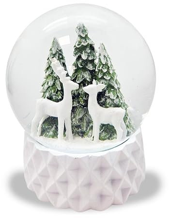 Schneekugel Weihnachten | Hüttenzauber Zwei Rehe Tannenbaum | Sockel weiß kubisch | Höhe: 12cm Breite 10 cm | 20284 (2 Rehe weiß kubisch)