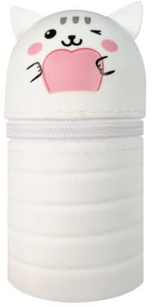Ruayia Kawaii Federmäppchen Teleskopisch, Weichem Silikon Federtasche, 2 in 1 Kätzchen Niedliches Federmäppchen, Mäppchen Cartoon Bleistifthalter für Mädchen Jungen Aufbewahrung Schreibwaren (Weiß)