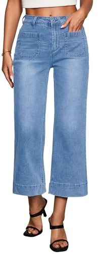 Vetinee Y2K Jean évasé pour femme - Coupe large - Taille haute - Jean baggy extensible, bleu moyen, L