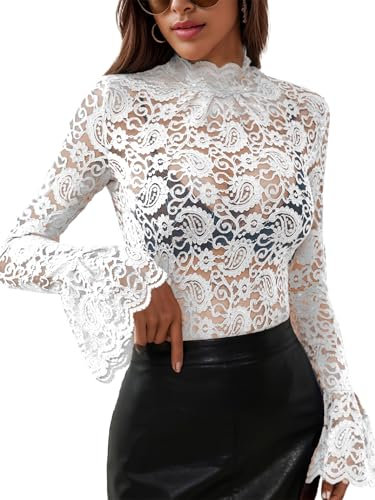 Women's Long Sleeve Lace Mesh Tops High Neck Sheer Blouse Sexy Floral Going Out Top, White, L