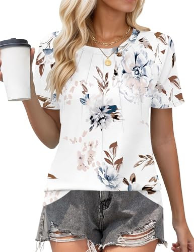 PLOKNRD T Shirts for Women UK Crew Neck Summer Ladies Tops Short Sleeve Casual Womens Blouse White Floral L