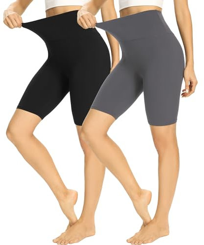 HIPOWER 2er Pack Radlerhose Damen High Waist Kurze Sport Shorts Tights Wanderhose Blickdicht Unterhosen Bauchweg Sommer Outfits Leggings Gym Yoga(Schwarz+Dunkelgrau,L-XL)