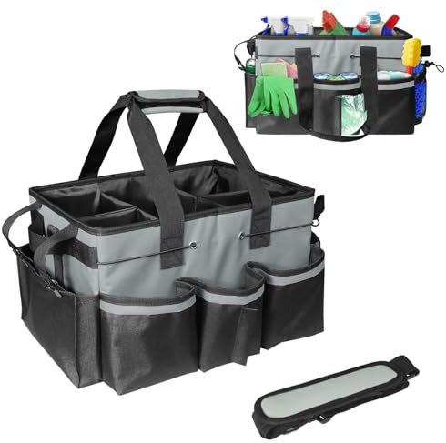Boczif Cleaning Caddy Bag Wearable, Cleaning Caddy Supplies Organizer with Handle, Shoulder Straps & Detachable Divide, Cleaning Tool Organizers Tote Bag for Cleaners & Housekeepers (Grey)
