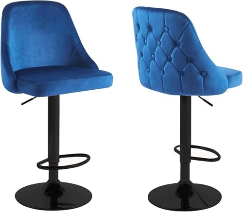 HYGRAD Set Of 2 Velvet Bar Stools Swivel Adjustable Breakfast Bar Stool Home Kitchen Island Stools Padded Soft Height Adjustable Stool (Blue + Black Base)