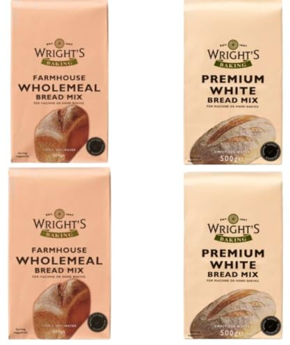 Wright's Baking Bread Mix 4x500g – 2 Packs Premium White & 2 Packs Farmhouse Wholemeal (NP)
