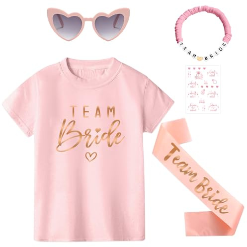 Angenster BRIDE T-Shirt-Set, Inklusive Champagner-goldenem T-Shirt, Schultergurt, Armband, Sonnenbrille, Tattoo-Aufklebern (Rosa-UK, M)