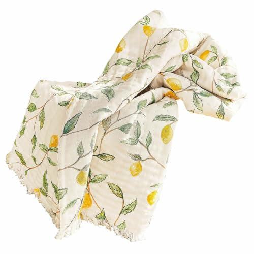 Loberon Plaid Palerina, gelb/grün/Creme | Kids, Sommer, Zitrone, Beidseitig verwendbar, Sommerlicher Zitronen-Print, Rückseite gestreift