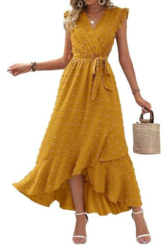 SCBFDI Robe Cocktail Femme Sexy Cintrée Ete Courte Devant Longue Derriere Manches Volantes Bureau Estivale Chic Plage Robe, Robe Année 50 Jaune L