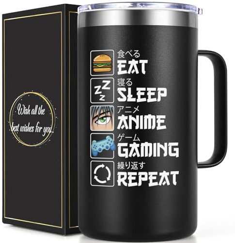 Lifecapido Anime Gifts for Men Women, Eat Sleep Anime Gaming Repeat 20 Oz Insulated Coffee Mug with Lid & Straw, Christmas Birthday Gifts for Boys Daughter Son Friends(Black)