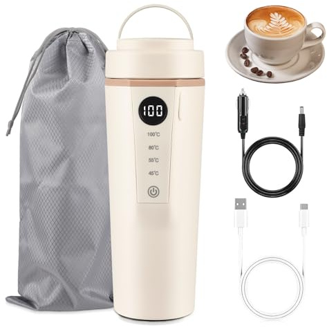Car Heated Water Bottle 12V/24V, 500ml Portable Electric Kettle Cup with Type-C & Car Charger, AI Smart Voltage Recognition, Adjustable Temperature 40-100°C & Keep Warm (12V Car Socket+Type-C White)