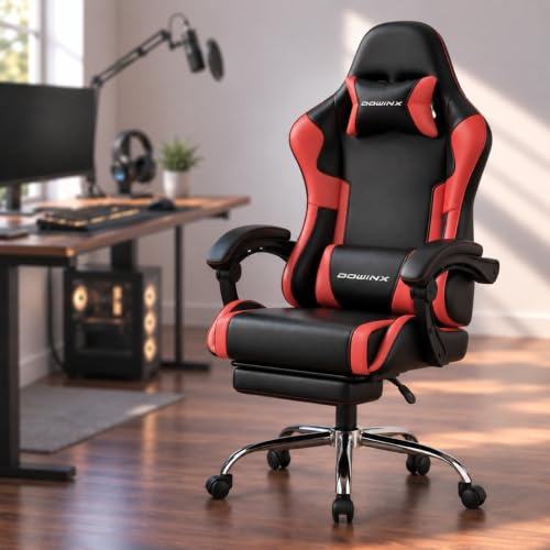 Dowinx Gaming Stuhl, Ergonomischer Chair, Gamer Sessel mit Fußstütze, 150KG Belastbarkeit Gamingstuhl mit Feststehende Armlehnen, PC Computerstuhl Bürostuhl, Rot