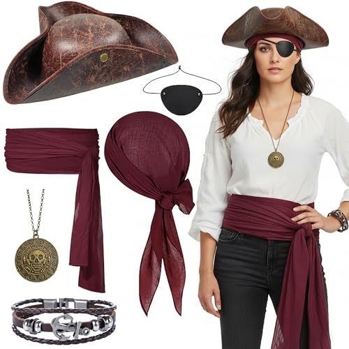 Xietaea 6 Stück Piratenkostüm Zubehör Herren Damen - Pirate Accessories mit Hut Kopftuch Augenklappe, Halskette Armband Hüfte Tuch für Karneval Cosplay Party Halloween Verkleidung