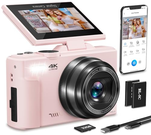 4K-Digitalkamera für Fotografie, 64 MP HD WiFi-Vlogging-Kamera für YouTube mit 7,6 cm (3 Zoll) 180° Flip-Bildschirm, 18-facher Digitalzoom, Autofokus-Kompaktkamera mit Blitz, 32 GB TF-Karte und 2