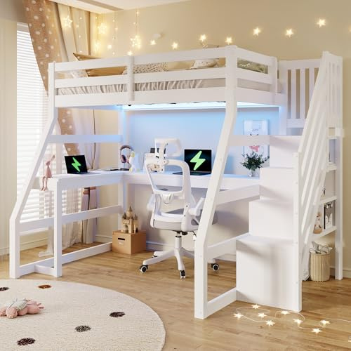 BTM Hochbett 90x200 mit Schreibtisch, LED-Beleuchtung & USB-Anschluss Kinderhochbett Holz mit Stauraum Treppe, Weiß