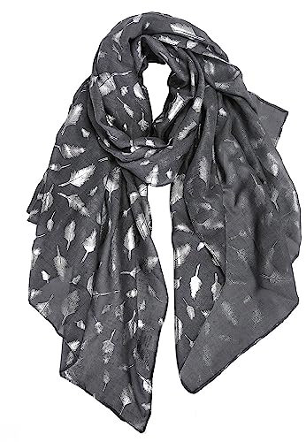 DAMILY Femmes Argent Plume Paillette Imprimé Écharpe Foil Print Foulard Wraps Daily Châle Rose Gris (Gris)