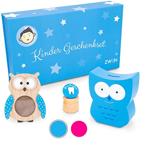 ZWEN Kinder Geschenkset für Mädchen & Jungen I Baby Erinnerungs-Box als Geschenk zur Geburt, Taufe, Kommunion I Taufgeschenk mit Spardose, Zahndose & Bilderrahmen Eule aus Holz (Blau/Jungen)