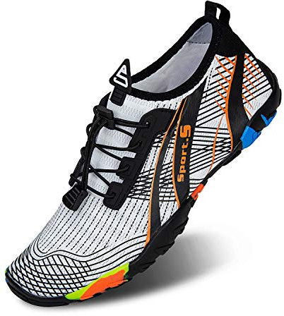 IceUnicorn Strandschuhe Badeschuhe Damen Herren Schwimmschuhe Aquaschuhe Sommer Schnell Trocknend Surfschuhe(Weiße Orange,44EU)