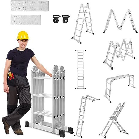 LZQ 4x3 Mehrzweckleiter 340cm 6 in 1 Alu Leiter Vielzweckleiter Klappleiter Haushaltsleiter Arbeitsleiter Anlegeleiter Steigleiter Arbeitsbรผhne Multifunktionsleiter Gelenkleiter