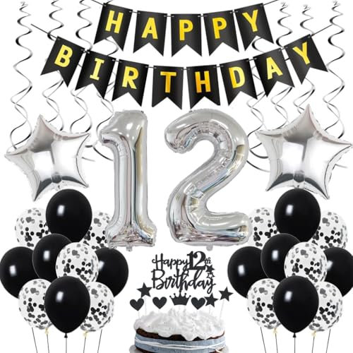 Decorazione 12° Compleanno, Decorazione 12° Compleanno Ragazzo, Deco 12° Compleanno, Deco 12° Palloncino Nero e Argento, Deco 12° Compleanno, Deco 12° Compleanno Ragazzo Ragazza
