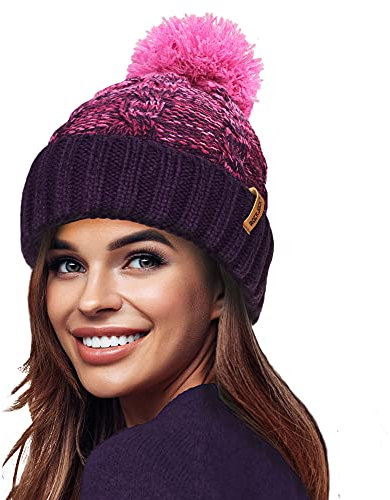 RockJock STORMACTIVE 100% Imperméable Dames Unisexe Chunky Ombre Chaud Hiver Teddy Doublé Tricoté Pompon Bonnet Bonnet-Taille Unique-Violet/Rose