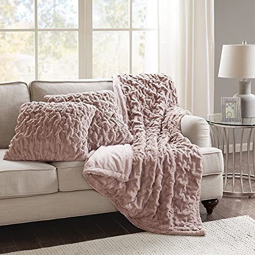 Comfort Spaces Luxuriöses und flauschiges, weiches, gerüschtes Kunstfell-Überwurf-Set mit 2 passenden quadratischen Kissenbezügen, für Sofa, Stuhl, Couch, Wohnzimmer, Home Office, Blush 127 x 152,4 cm