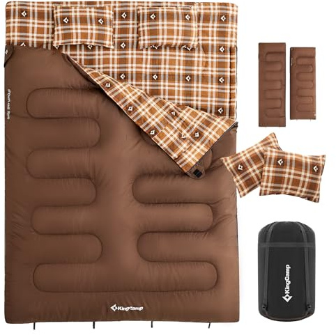 KingCamp Double Sleeping Bag for Adults, Queen Size 2 Person XXL Flannel Sleeping Bag, Waterproof Lightweight Flannel Quilt with 2 Pillows, Perfect for Couples Family Camping Hiking, Coffee