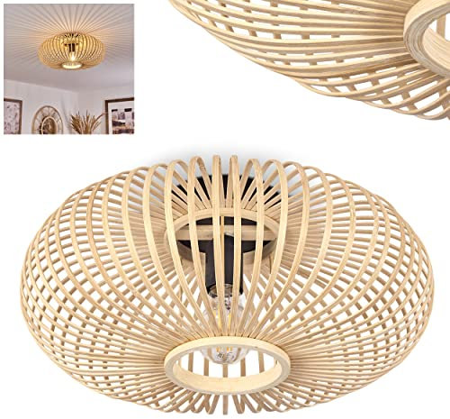 Deckenleuchte Oravi, runde Deckenlampe aus Holz/Metall in Natur/Schwarz, Leuchte in Gitter-Optik mit tollen Lichteffekten an der Decke, Ø 40 cm, 1-flammig, 1 x E27, ohne Leuchtmittel