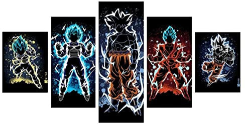 SINGLEAART Leinwanddrucke,5 Teilige Druck Auf Leinwand,5 Stück Wandbild,Wohnzimmer Dekoration,Goku Saiyajin,Modular Wandkunst,150×80Cm Mit Rahmen Abstraktes Plakat Bereit Zum Aufhängen