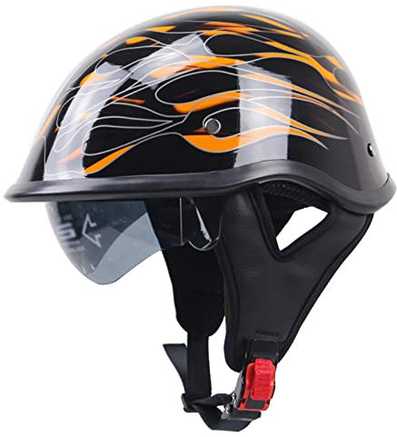 XDKJ Faccia Aperta Casco da Leggero A Mezza Faccia con Visiera Parasole Jet Casco Scodella ECE DOT Omologato Uomo Donna, Mezzo Casco Modello di Fiamma Nero (Size : XL)
