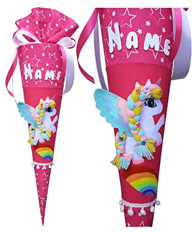 Schultüte mit Einhorn passend zum ergobag CinBärella, Leuchtenden pink mit weiße Sterne, Wunschname,genäht