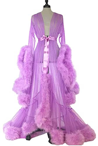 MIAOXIAO Peignoir Chambre en Maille Sexy pour Femmes Longue Chemise Nuit Robe Lingerie sous VêTements Robe Plume Perspective ChâLe Mariage Robe MariéE,Violet,M