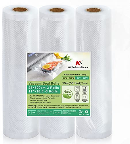 KitchenBoss Vakuumbeutel Lebensmittel Vakumierfolienrollen Vakumiererbeutel Vakuumierfolie:Vakuumierbeutel Folienrollen für Vakuumierer Und Sous Vide BPA-Frei Einschweissbeutel 28x500cm 3 Rollen
