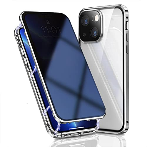 OMGZONE Privacy Case for iPhone 13 Magnetic Cover,Screen Protector built-in Anti-peep Tempered Glass Full Cover with Camera Protector,360 Degree Metal Bumper Case for iPhone 13,Silver