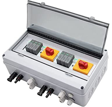 RANRAO Solar PV Combiner Box 2 In 2 Out PV Anschlusskasten 1000V mit 3P 1000V DC für SPD, 1000V 16A DC-SICHERUNG und 32A Trennschalter, Solar PV Anschlusskasten IP65 für Solarmodul-System-Kit