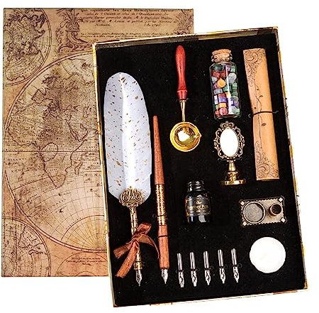 Joyeee Federstift und Tinte Set, Schreibfeder Stift mit Tinte, Wachssiegel Stempel, Dip Pen Halter, Briefpapier, Wachssiegelperlen, Teelicht, Retro Geschenkbox, Geburtstagsgeschenke für Mama Papa