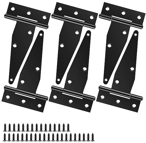 Shed Door Hinges, 6 Inch Heavy Duty T Hinge Outdoor Metal T Strap Gate Hinges with Screws, Black Tee Hinges for Wood Bran Doors Graden Fences, 6 Pack