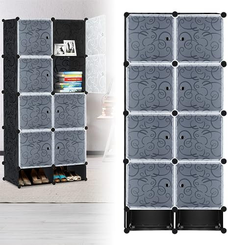 LZQ Kleiderschrank Mehrzweckschrank DIY Regalsystem Schrank, Kunststoff Garderobenschrank Schlafzimmerschrank mit Tür, Steckregal Aufbewahrung Staubdicht mit 8 Würfeln und Schuhschrank