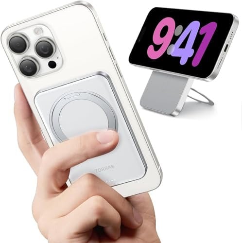 TORRAS Dünn Power Bank für Magsafe Powerbank Klein 5000mAh mit 360° Ostand Ring für iPhone 16/15/14/13/12 Serie Magnetische Wireless Slim Externe Handyakkus USB C Schnelles Laden Weiß