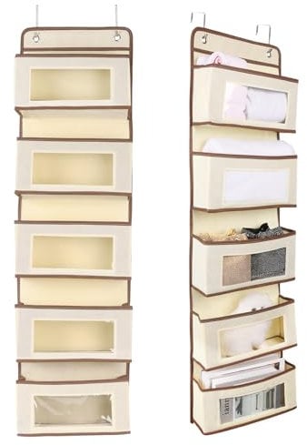 Minicoco 5-Tier Over Door Storage Organiser with Transparent Window Back of Door Storage for Winter Hats Gloves Scarves Plush Toys Nappies Organiser 5-Tier hanging over the door storage (Light Beige)
